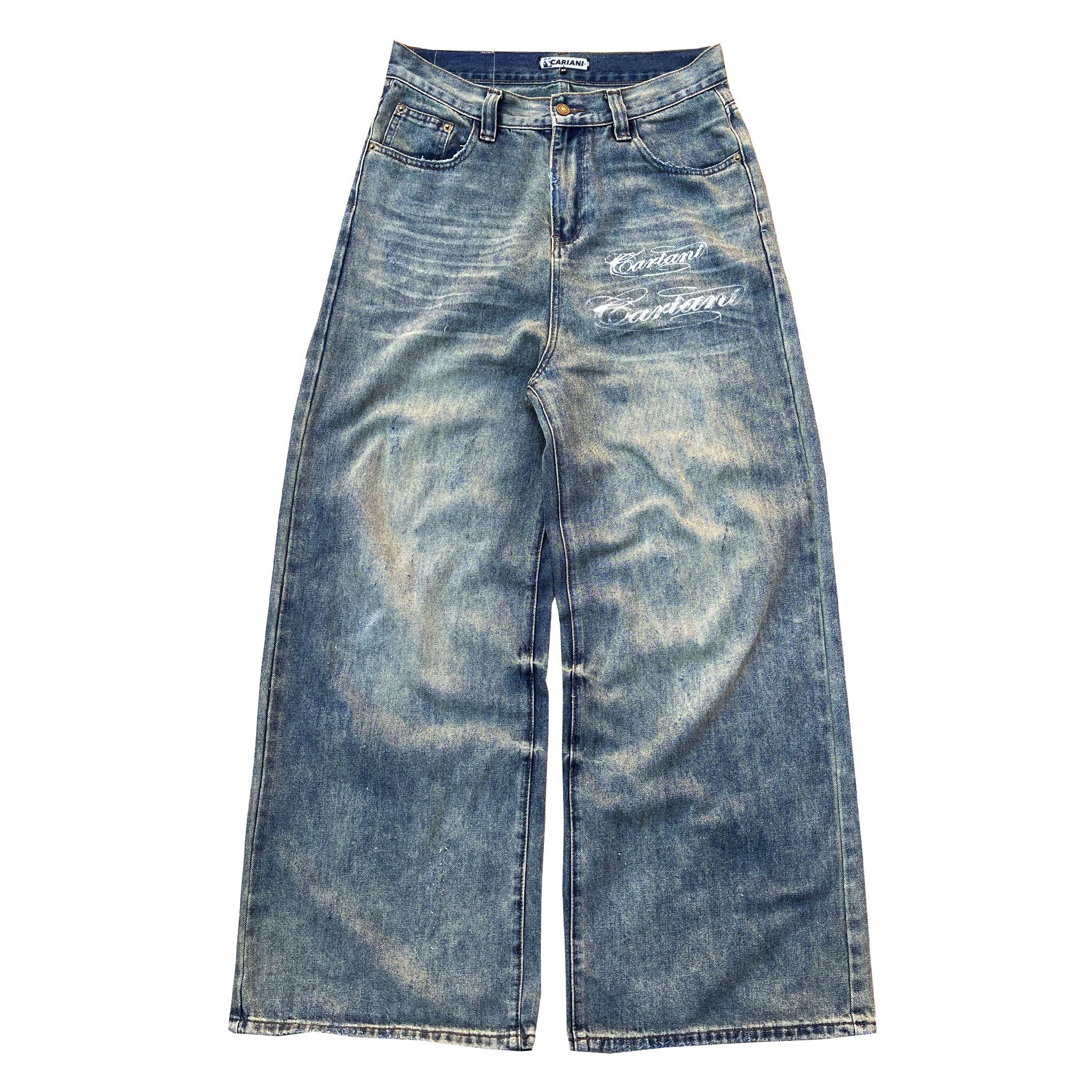 CARIANI® Wide Leg Distressed Denim Jeans